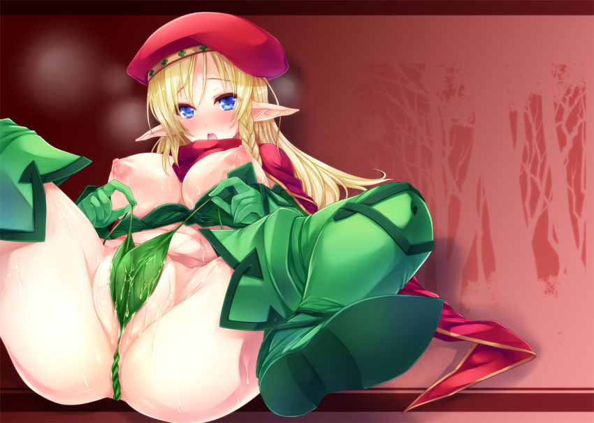 alleyne beret blonde_hair blue_eyes blush boots braid breasts elf female foreshortening gloves goban green_boots hat heavy_breathing large_breasts leaf leaf_clothing leaf_on_crotch leaf_panties leaf_print long_hair looking_at_viewer lying nipples on_back open_mouth panties partially_visible_vulva pointy_ears presenting print_panties pulled_by_self queen's_blade red_scarf scarf side_braid solo spread_legs strap_pull sweat thigh_boots tied_hair underwear