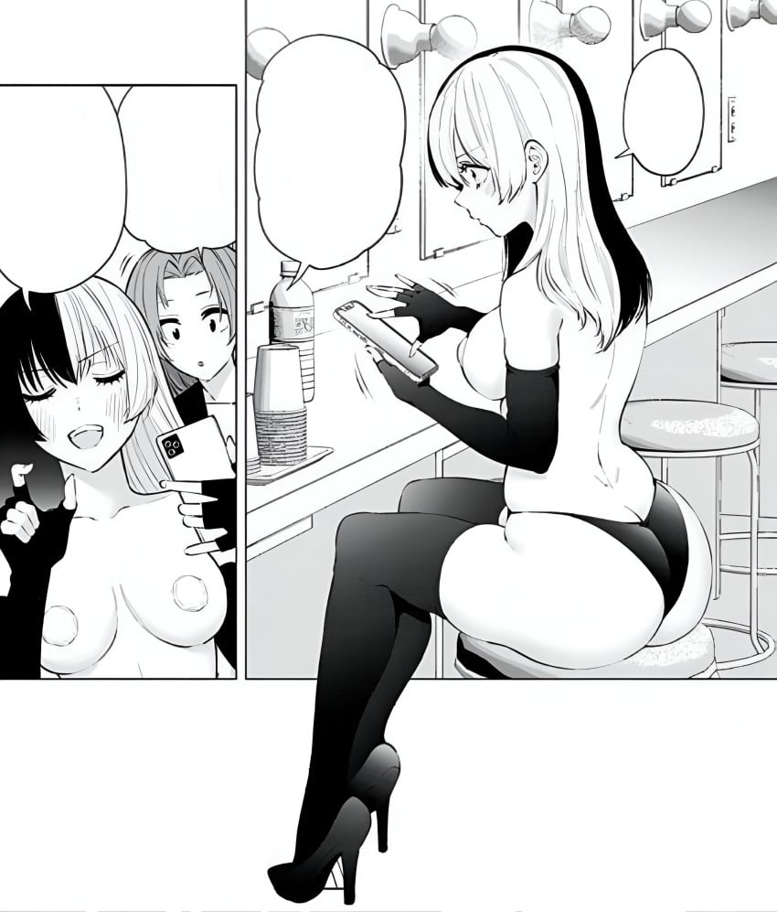 2.5_jigen_no_ririsa ass back bare_back bare_shoulders big_ass big_breasts black_and_white black_thighhighs blush breasts closed_eyes collarbone elbow_gloves fingerless_gloves gloves hashimoto_yuu high_heels indoors long_hair manga multicolored_hair nagomi_(2.5_jigen_no_ririsa) official_art open_mouth panties parted_lips pasties phone shoulder_blades sitting thighhighs thighs two-tone_hair underwear