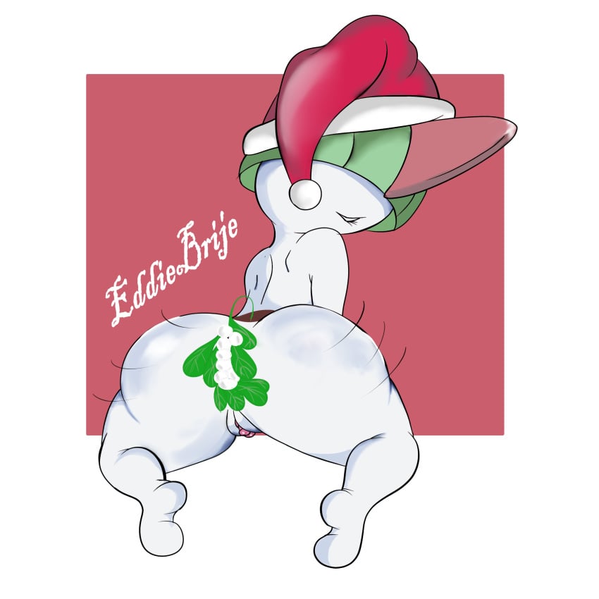 1:1 absurd_res anthro ass big_butt christmas christmas_clothing christmas_headwear clothing eddiebrije female generation_3_pokemon genitals hat headgear headwear hi_res holidays mistletoe nintendo not_furry nude plant pokemon pokemon_(species) pussy ralts santa_hat simple_background smile solo solo_focus wide_hips