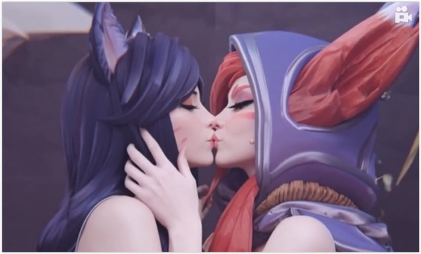 2girls ahri ai_generated girl_on_girl kissing league_of_legends lesbian_couple lesbian_kiss lesbian_sex lovers vastaya xayah yuri