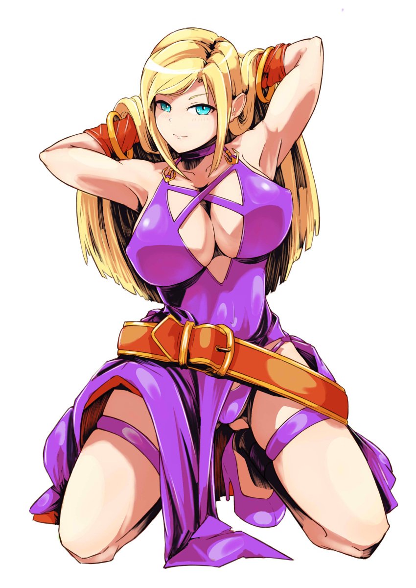 1girls armpits arms_behind_head artist_request big_breasts blonde_hair blue_eyes breasts busty cleavage covered_erect_nipples fatal_fury female female_only garou:_mark_of_the_wolves high_heels highres jenet_behrn king_of_fighters king_of_fighters_xv kneeling large_breasts legs long_hair looking_at_viewer pink_lips pose posing seductive_gaze seductive_smile sensual sexy_armpits smile snk solo source_request thighs thong