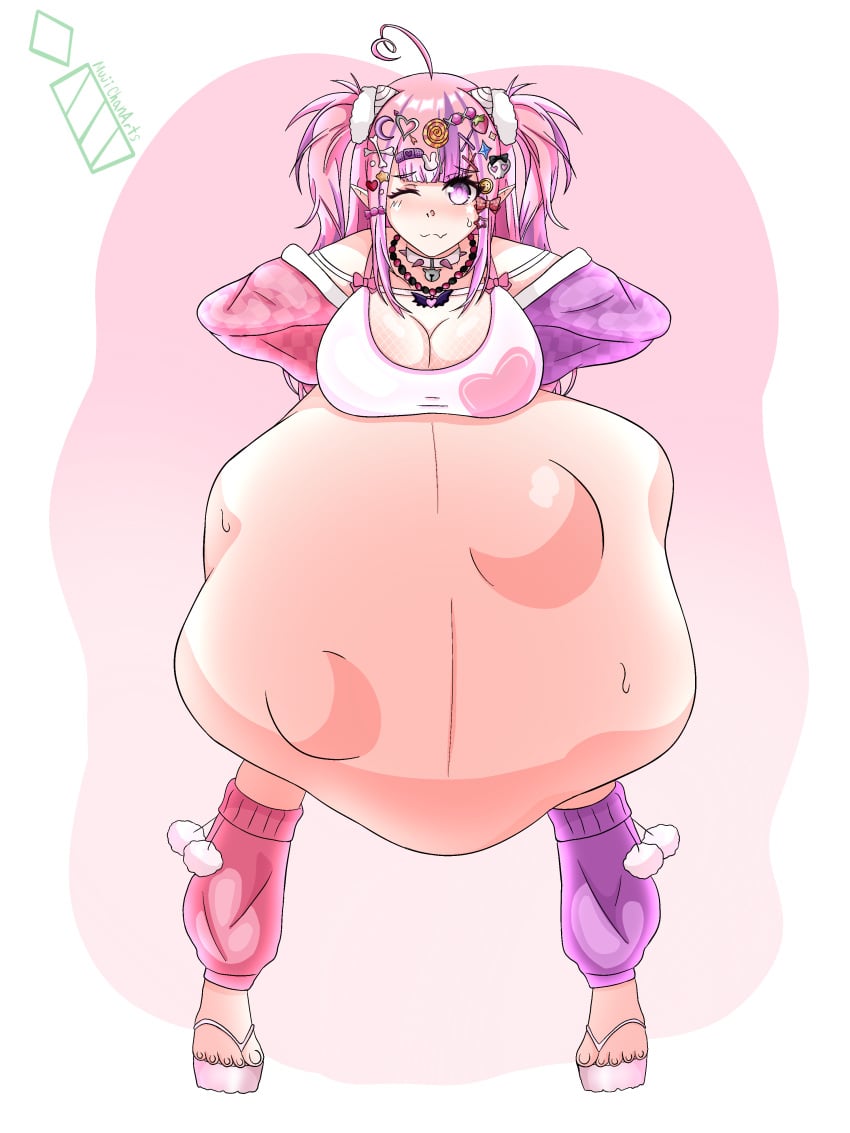 after_vore bra breasts cleavage clothed clothed_female clothing demon demon_girl demon_horns horns huge_belly ironmouse large_breasts pink_eyes pink_hair tagme virtual_youtuber vore vore_belly vshojo vtuber