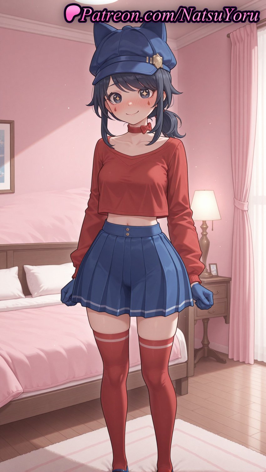 1girls ai_generated animal_ear_headwear animal_ears animal_hat anime anime_style arms_at_sides asian bangs bed bedroom black_eyes black_hair blue_eyes blue_footwear blue_gloves blue_headwear blue_skirt blush bow bowtie breasts bust busty cabbie_hat choker closed_mouth collar collarbone cool_mita_(miside) crop_top crop_top_overhang cropped_shirt curtains facial_mark fake_animal_ears female female_focus female_only full_body gloves hat heart heart-shaped_pupils hentai hi_res high-waist_skirt high_quality high_resolution highres indoors lamp legwear long_hair long_sleeves looking_at_viewer low_ponytail medium_breasts medium_hair midriff midriff_peek miniskirt miside mita_(miside) natsuyoru navel on_bed pillow pleated_skirt ponytail red_bow red_bowtie red_choker red_collar red_gloves red_legwear red_shirt red_thighhighs shirt shoes short_ponytail sidelocks skindentation skirt smile solo solo_female standing star-shaped_pupils star_(symbol) symbol-shaped_pupils table thighhighs twintails voluptuous voluptuous_female wooden_floor zettai_ryouiki