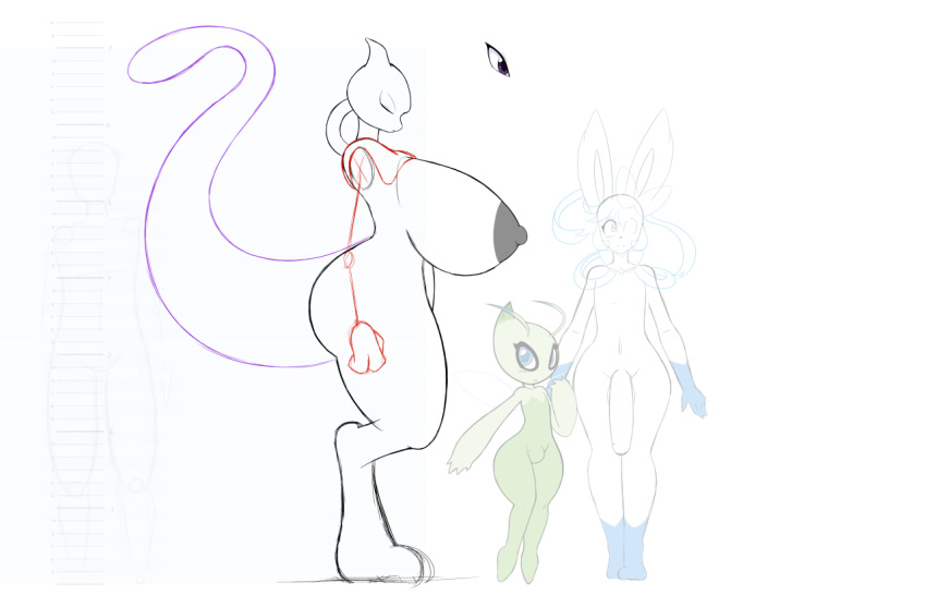 2017 angelthecatgirl anthro areola ass balls big_breasts blue_eyes breasts celebi eeveelution female group huge_breasts hyper hyper_breasts legendary_pokemon looking_at_viewer male mammal mewtwo monochrome nintendo nipples nude penis pokemon pokemon_(species) psy_(angelthecatgirl) purple_eyes simple_background sketch smile sylveon video_games voluptuous white_background