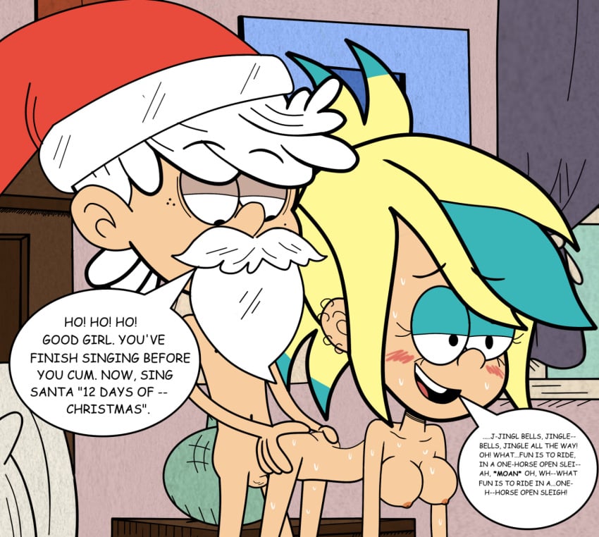 1boy 1girls blue_streak breasts christmas christmas_song dialogue doggy_style female husband_and_wife javisuzumiya lincoln_loud male moan moaning moans nickelodeon sam_sharp santa_costume singing speech the_loud_house white_hair