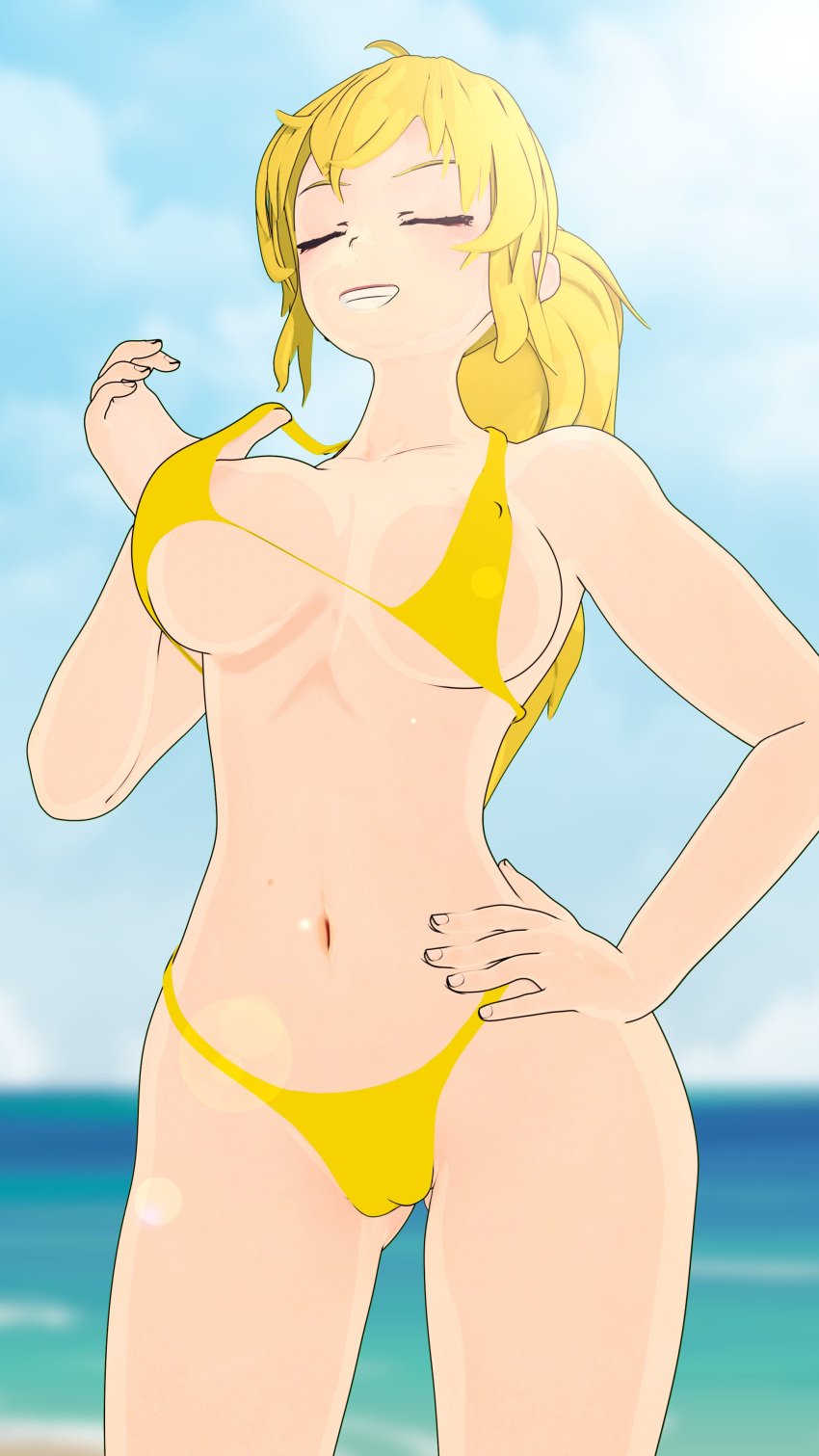 1girls 3d alternate_hairstyle beach big_breasts bikini bikini_lift bikini_top_lift breasts busty cleavage closed_eyes confident female female_only grin hand_on_hip hi_res large_breasts lifted_by_self long_hair navel ocean ponytail pose posing rwby solo teasing thong_bikini voluptuous water yang_xiao_long yellow_bikini