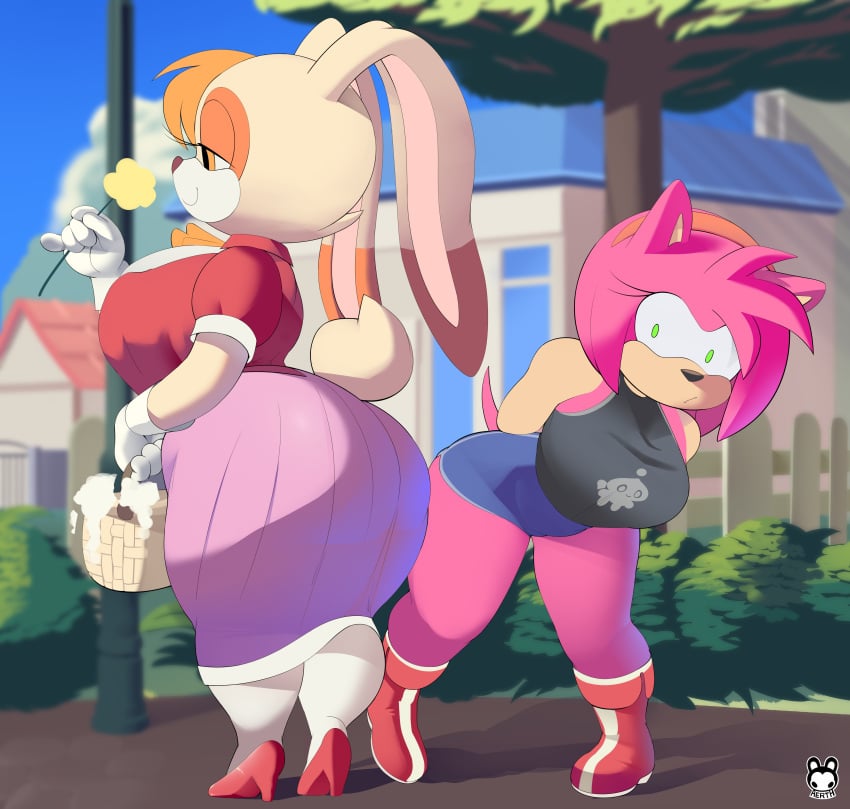 2girls aerth amy_rose anthro ass ass_in_dress big_ass big_breasts breasts bubble_butt clothing crop_top dat_ass dress fat_ass female female_only flower hedgehog heels huge_ass lagomorph large_ass leaning_forward looking_at_ass outdoors png rabbit shoes shorts sonic_(series) sonic_the_hedgehog_(series) thick_ass thick_thighs vanilla_the_rabbit wide_hips