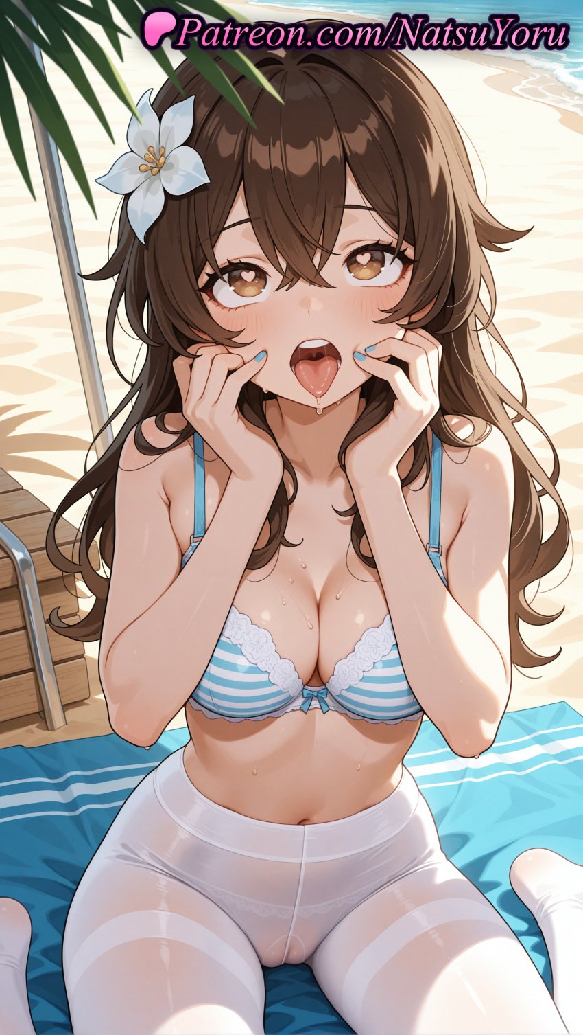 1girls ai_generated anime anime_style asian bangs bare_arms bare_shoulders beach beach_towel bikini blue_bra blue_nails blush bow_bra bra breasts brown_eyes brown_hair bust busty cameltoe cleavage collarbone crossed_bangs crotch_seam day female female_focus female_only flower gusset hair_between_eyes hair_flower hair_ornament hands_on_own_cheeks hands_on_own_face hands_up heart heart-shaped_pupils hentai high-waist_pantyhose long_hair looking_at_viewer medium_breasts nail_polish natsuyoru navel no_shoes open_mouth oral_invitation original original_character outdoors panties panties_under_pantyhose pantyhose saliva sand see-through sitting solo solo_female stomach striped striped_bikini striped_bra striped_clothes striped_panties sweat symbol-shaped_pupils teeth thighband_pantyhose thighs tongue tongue_out towel underwear upper_teeth_only voluptuous voluptuous_female wariza water wavy_hair wet white_flower white_pantyhose