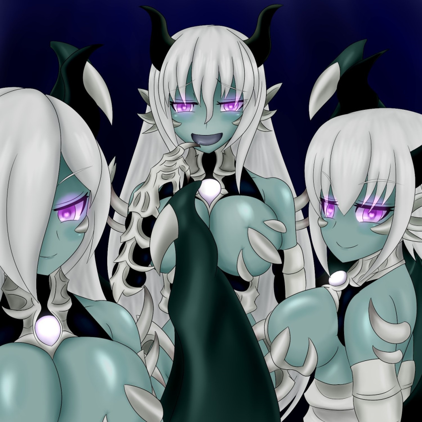 3girls blush bone breasts claws dragon_girl dragon_zombie_(monster_girl_encyclopedia) gray_hair horns long_hair monster_girl monster_girl_encyclopedia multiple_girls open_mouth purple_eyes short_hair smile wings