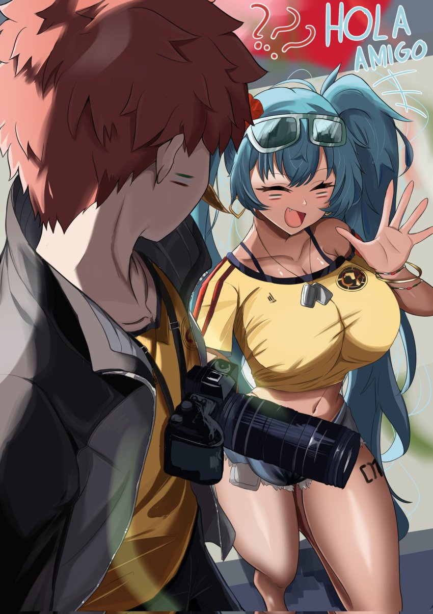 1boy 1girls 2025 amigo black_jacket black_pants black_trim blue_hair blue_hair_female blue_shorts blue_sunglasses blue_text brazilian brazilian_female brazilian_miku breasts breasts breasts busty busty_female camera closed_eyes confused confusion daisy_dukes dialogue dog_tags fang_out female flower flower_in_hair flower_ornament glasses glasses_on_head greeting hair_ornament happy happy_female hatsune_miku huge_boobs huge_breasts huge_breasts jacket january_(month) jean_shorts latin_american_hatsune_miku_(meme) latina legs_apart long_hair long_hair_female male male_with_female no_sex oerba_yun_fang oerba_yun_fang open_mouth pale-skinned_male pale_skinned_male pants pavement question_mark question_marks red_flower red_hair red_hair red_hair_male red_trim shirt shokobr shorts spanish spanish_dialogue spanish_text sunglasses sunglasses_on_head tags tan tan-skinned_male tan_body tan_skin tan_skinned_female tanned text thick_thighs thighs tongue twintails twintails_(hairstyle) twitter vocaloid yellow_shirt