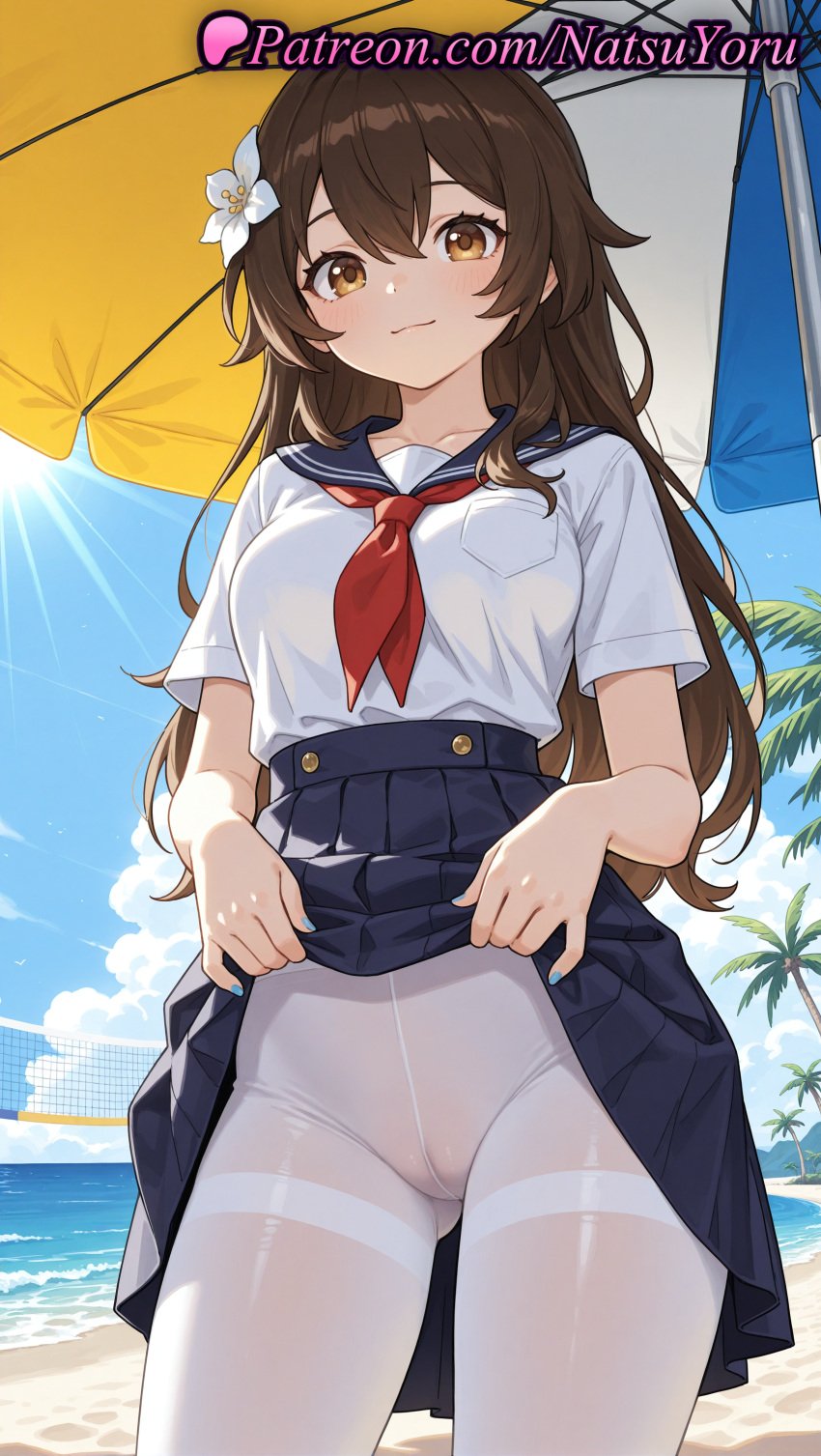 1girls ai_generated alternate_costume anime anime_style asian ass_visible_through_thighs bangs beach beach_umbrella blue_nails blue_sailor_collar blue_skirt blue_sky blush breasts brown_eyes brown_hair bust busty cameltoe closed_mouth clothes_lift cloud collarbone cowboy_shot crotch_seam day female female_focus female_only female_solo flower hair_between_eyes hair_flower hair_ornament hentai high-waist_skirt lifted_by_self long_hair looking_at_viewer medium_breasts miniskirt nail_polish natsuyoru neckerchief no_panties ocean original original_character outdoors palm_tree pantyhose pleated_skirt pocket red_neckerchief sailor_collar sailor_uniform school_uniform serafuku shirt shirt_tucked_in short_sleeves skirt skirt_lift sky smile solo solo_female standing thighband_pantyhose thighs tree umbrella voluptuous voluptuous_female white_flower white_pantyhose white_shirt