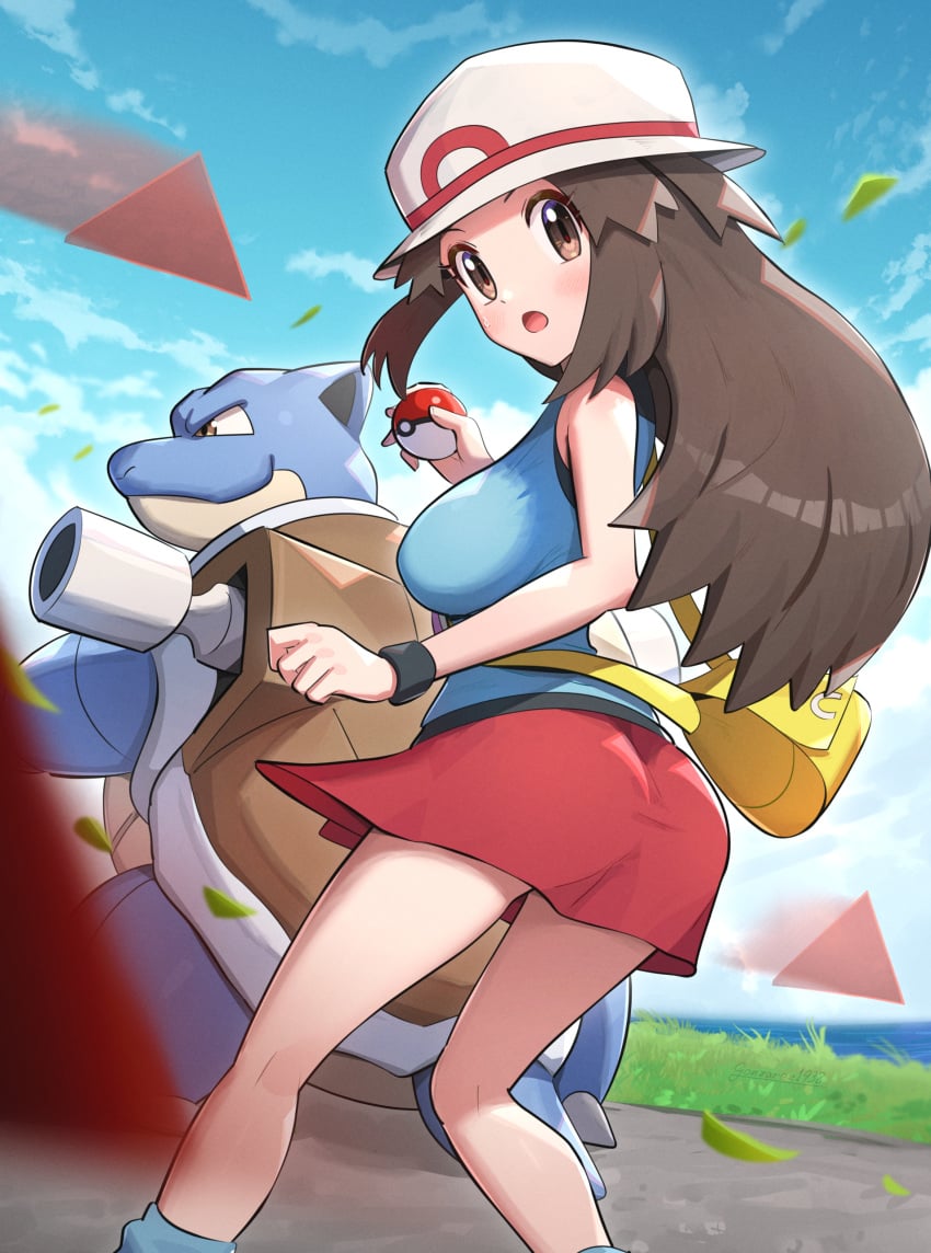 big_breasts blastoise blue_clothing breasts brown_hair busty gonzarez huge_breasts large_breasts leaf_(pokemon) looking_at_viewer looking_back miniskirt pokemon sideboob skirt tank_top thick_thighs wide_hips