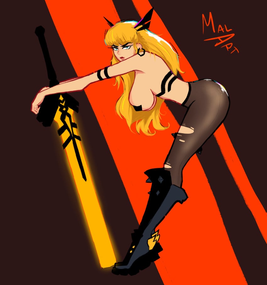 2d blonde_hair boots hanging_breasts leaning leaning_back looking_at_viewer magik_(illyana_rasputin) magik_(marvel_rivals) malart marvel marvel_comics marvel_rivals side_view stockings sword torn_pantyhose