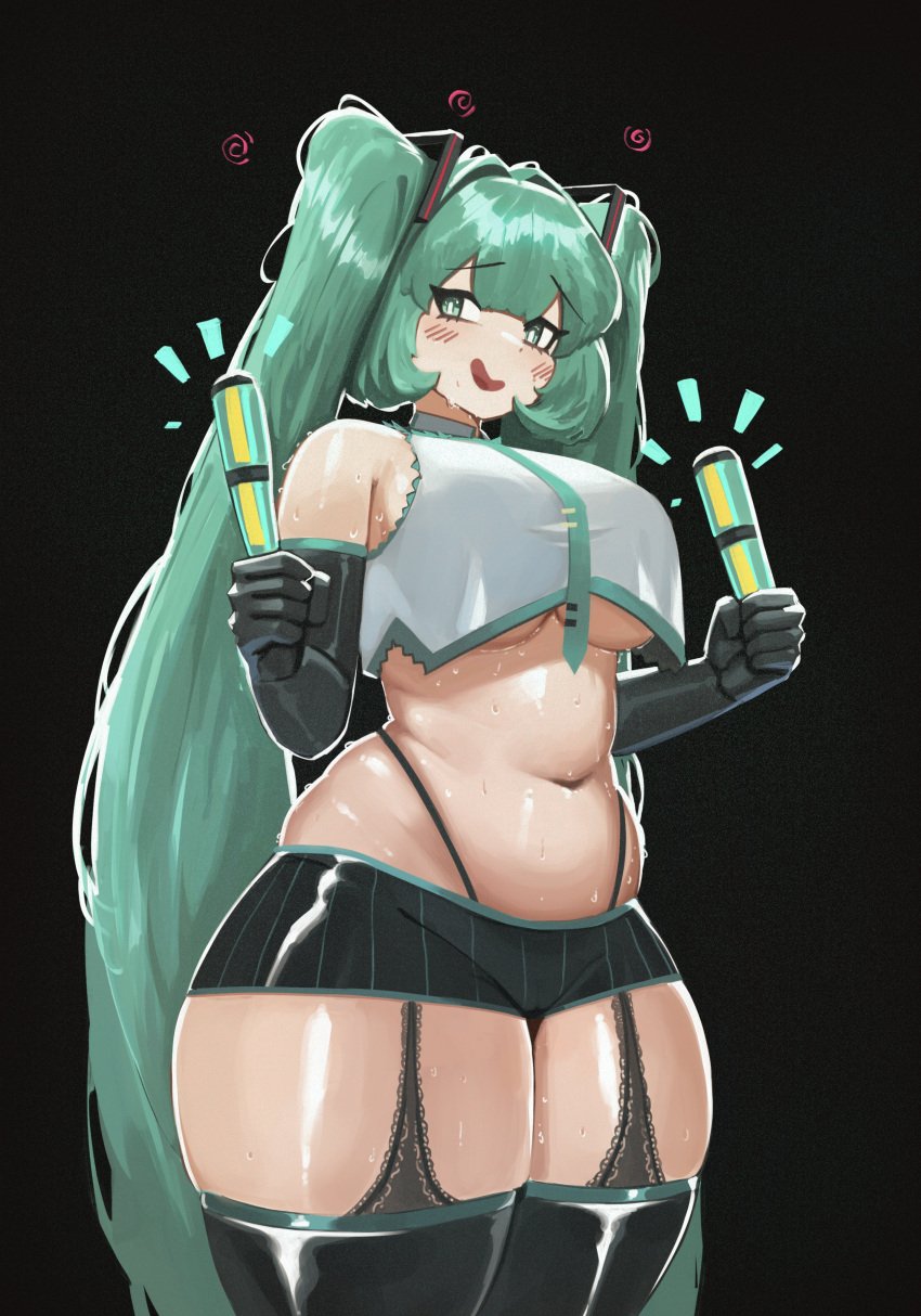 arm_sleeves big_ass big_breasts black_background blue_eyes blue_hair blush blush_lines chubby_female glowstick hatsune_miku huge_ass lingerie nervous nervous_smile shortstack slightly_chubby thighhighs twintails underboob vocaloid