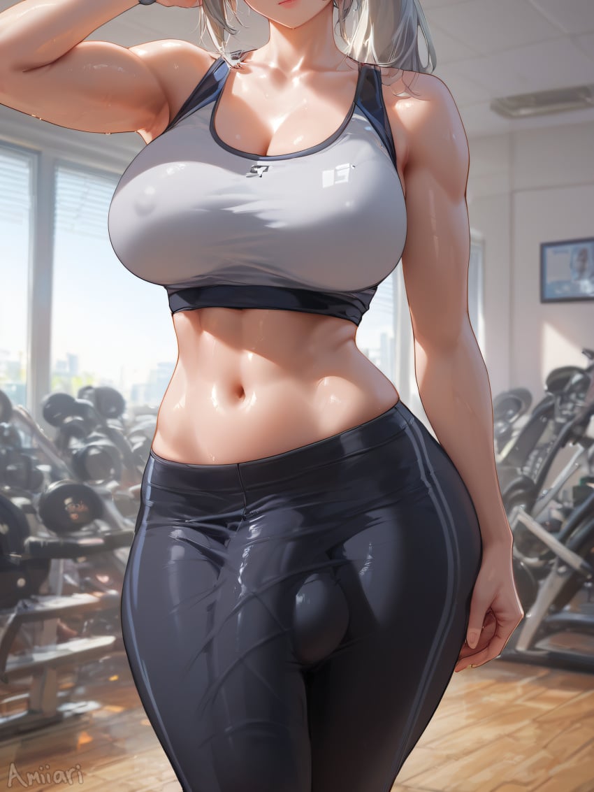 1futa abs absurd_res ai_generated amiiari arm_up big_breasts big_penis blue_eyes bulge bulge_through_clothing bulge_under_clothes close_up detailed dickgirl erect erection erection_under_clothes futa_only futanari gym gym_clothes highres huge_ass huge_breasts huge_bulge long_penis lower_body massive_penis midriff penis penis_to_the_knees ponytail precum silver_hair sweatpants tank_top tenting thick_thighs toned