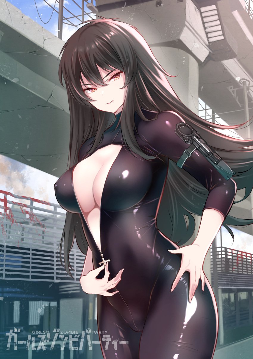 1girls big_breasts black_hair breasts brown_eyes busty cleavage covered_nipples female female_only hand_on_hip highres large_breasts legs long_hair looking_at_viewer mitsurugi_saya no_bra original parted_lips pose posing seductive seductive_look seductive_smile sensual smile solo teasing thighs unzipped unzipped_bodysuit very_long_hair voluptuous