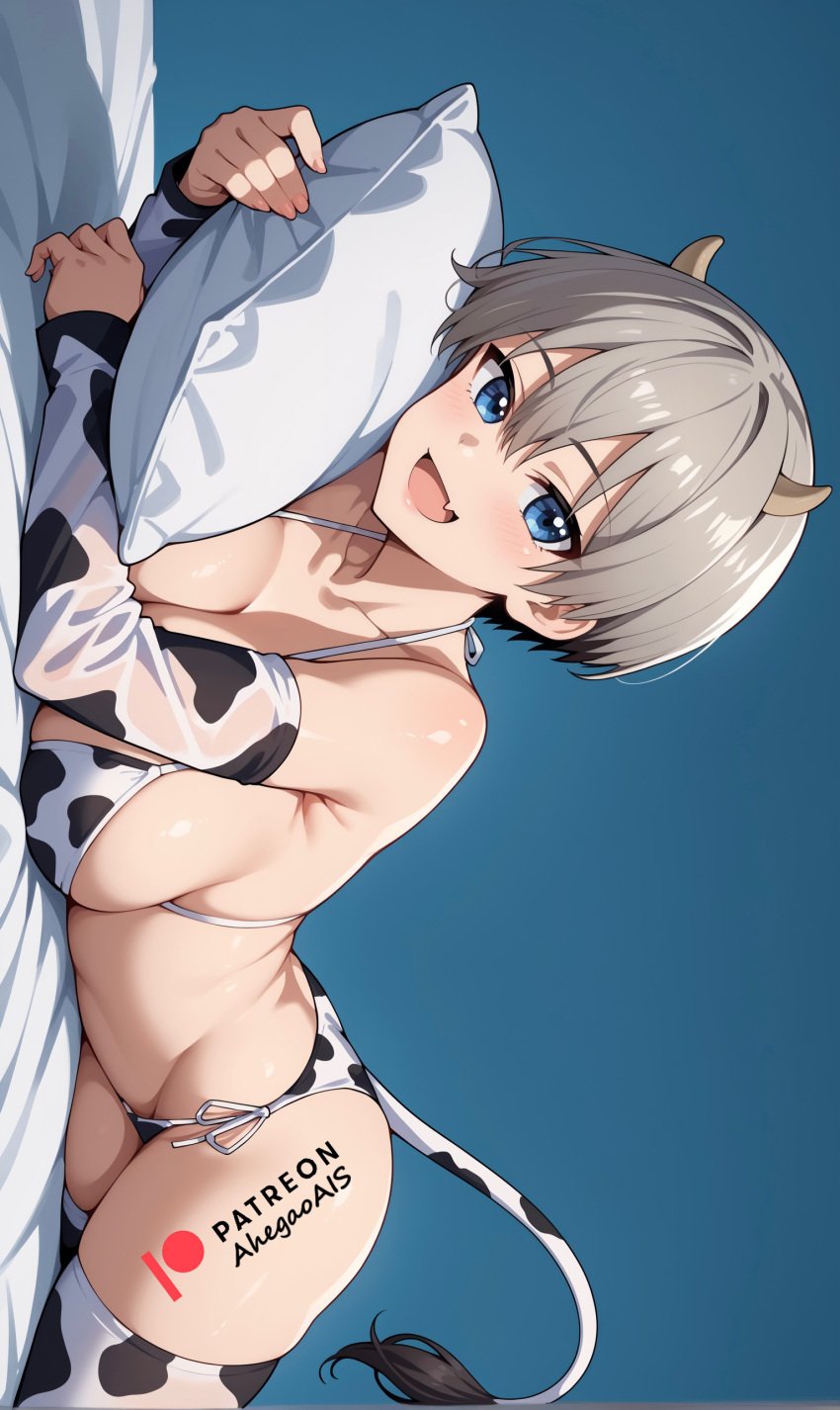 1girls 2d 4k ahegao_ai ai_generated beautiful bed big_breasts bikini_top blue_background blue_eyes commission cow_bikini cow_horns cow_pasties cow_pattern cow_print cow_tail curvy curvy_female curvy_figure female gray_hair high_resolution highres lying_on_bed open_mouth pillow pillow_grab request simple_background smile thighhighs uzaki-chan_wa_asobitai! uzaki_hana