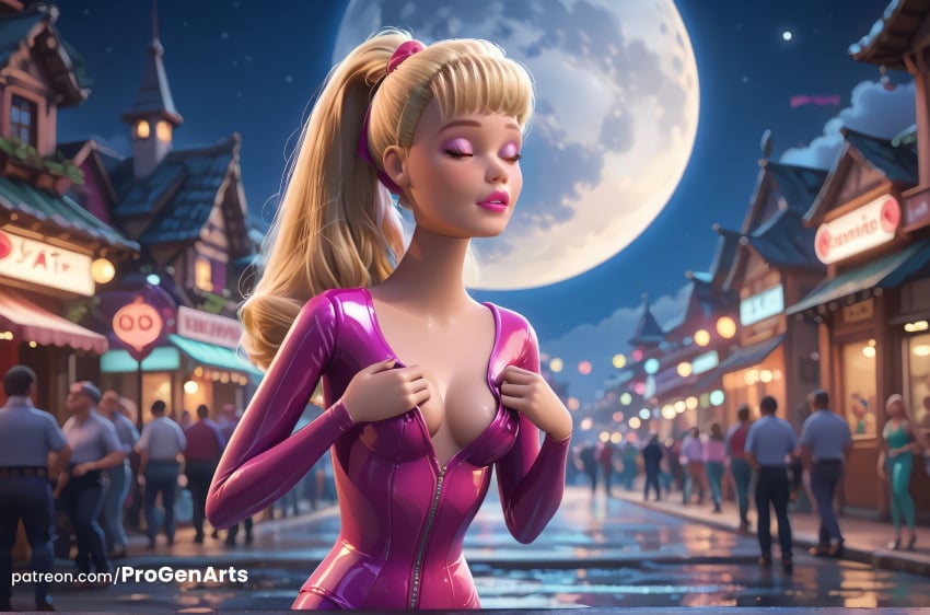 1girls ai_generated artist_name barbara_millicent_roberts barbie_(franchise) blonde_hair bodysuit breasts building cleavage closed_eyes disney eyeshadow full_moon hi_res long_hair makeup medium_breasts moon night night_sky open_bodysuit outdoors parted_lips pink_bodysuit pixar ponytail progenarts sky solo_focus toy_story toy_story_2 undressing unzipped unzipping watermark web_address zipper