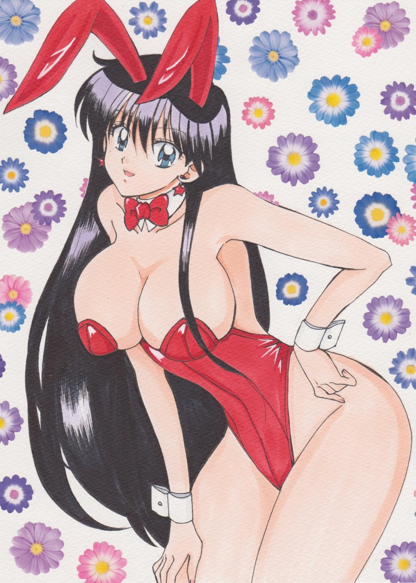 1990s_(style) 1girls absurd_res alluring animal_ears bishoujo_senshi_sailor_moon black_hair detached_collar fake_animal_ears female_focus hand_on_own_hip high_res leaning_forward leotard long_hair looking_at_viewer playboy_bunny rabbit_ears rascal_(n119) rei_hino retro_artstyle sailor_mars wrist_cuffs