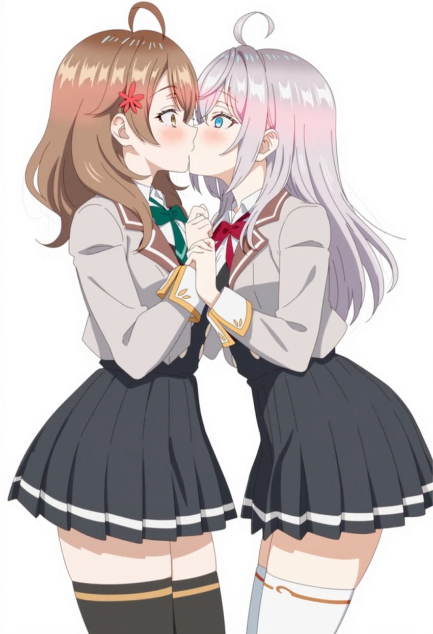 ai_generated alisa_mikhailovna_kujou blue_eyes blush brown_eyes brown_hair fully_clothed incest maria_mikhailovna_kujou sisters skirt standing thighhighs tokidoki_bosotto_russian_de_dereru_tonari_no_alya-san white_hair yuri