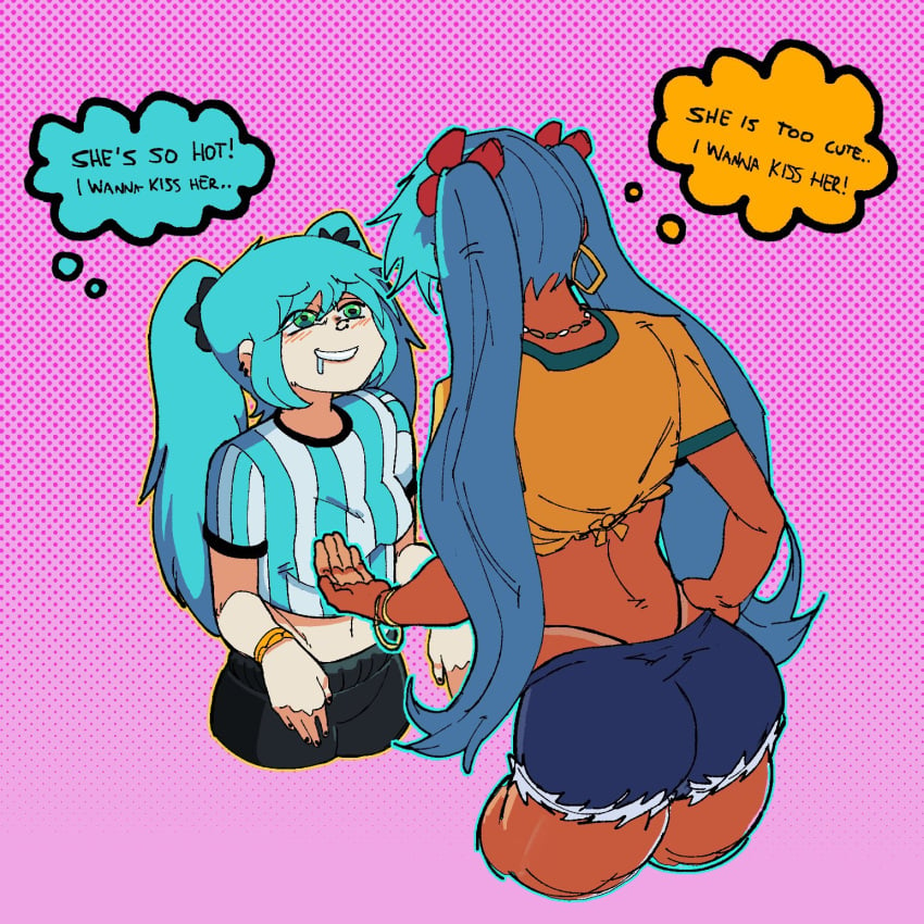 2025 2girls about_to_kiss argentinian_miku armlet armlets bead_choker beads black_shorts black_trim blue_hair blue_hair_female blush blush_lines blushing_female brazilian brazilian_female brazilian_miku caked_up daisy_dukes dialogue drool drool_on_face drooling duo_female earrings english english_dialogue english_text female female_focus female_only females flower_ornament flowers_in_hair gold_(metal) gold_earrings gold_jewelry green_eyes green_eyes_female green_trim happy happy_female hatsune_miku height_difference january_(month) jean_shorts jewelry latin_american_hatsune_miku_(meme) latina long_hair long_hair_female looking_up_at_another looking_up_at_partner necklace pale-skinned_female pale_skinned_female panties pearl_necklace red_flowers shirt shorter_female shorts smile smiling smiling_at_another speech_bubbles string_panties striped_shirt tall taller_female tan tan-skinned_female tan_body tan_skin tan_skinned_female tanlines text tied_shirt triangle_earrings vocaloid yellow_shirt