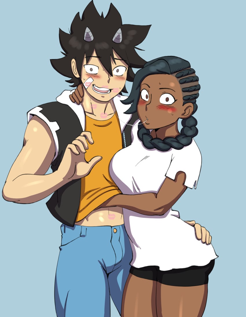 1boy 1girls bandaid bandaid_on_cheek bandaid_on_face black_hair blush blushing_female blushing_male braided_hair brown_eyes caught caught_in_the_act couple dark-skinned_female dark_skin darkeros13 drool drool_string hand_on_another's_chest hand_on_another's_hip hand_under_clothes hand_under_shirt horn horns interracial interrupted interruption kiss_mark kiss_marks light-skinned_male light_skin ocoho radiant seth_(radiant) spandex spiky_hair sweat white_shirt