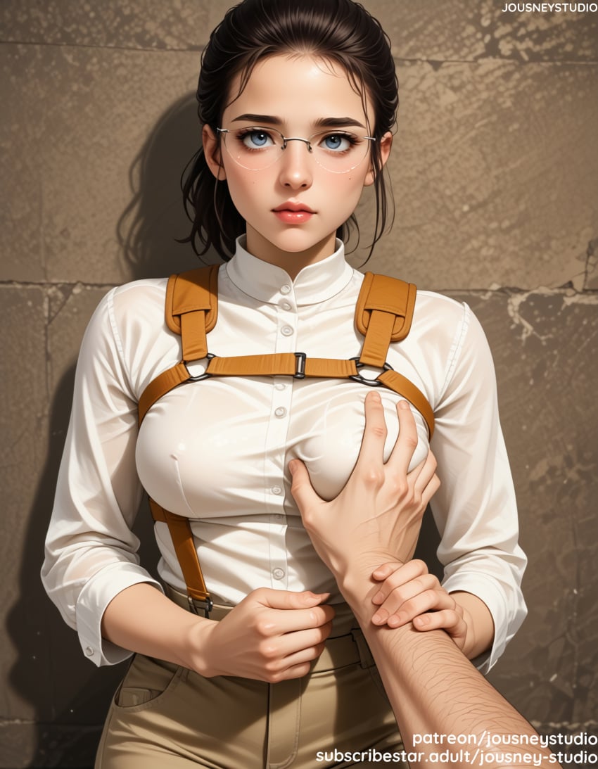 1boy ai_generated black_hair blue_eyes blush breast_grab breasts clothing death_stranding dress_shirt english_text expressionless eyewear female female forehead glasses grabbing groping guided_breast_grab guiding_hand jousneystudio kojima_productions large_breasts lips looking_at_viewer male mama_(death_stranding) medium_breasts original red_lips round_eyewear see-through shirt solo_focus straight suspenders tied_hair wall white_shirt