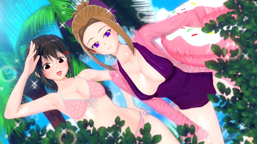 3d black_hair brown_hair kaguya-sama_wa_kokurasetai_~tensai-tachi_no_renai_zunousen~ kashiwagi_nagisa large_breasts ootomo_kyoko open_mouth short_hair smile swimsuit