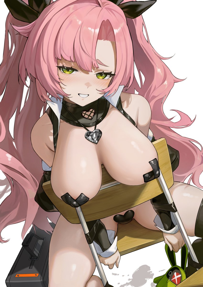 absurdres amillion_(zenless_zone_zero) bad_id bad_pixiv_id bangboo_(zenless_zone_zero) bare_shoulders black_jacket black_pasties black_thighhighs blush breasts chinese_commentary clothing_cutout commentary_request covered_nipples cross cross_pasties female green_eyes heart heart_maebari heart_necklace highres jacket jewelry l_ract large_breasts long_hair looking_at_viewer maebari necklace nicole_demara paid_reward_available pasties pink_hair shoulder_cutout single_thighhigh sitting sitting_backwards smile solo thighhighs two_side_up zenless_zone_zero