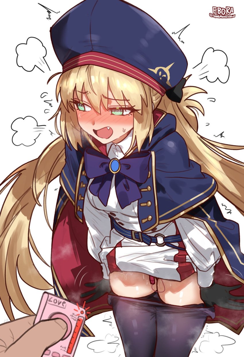 1boy 1girls @_@ age_difference aged_down artoria_caster_(fate) artoria_caster_(second_ascension)_(fate) artoria_pendragon_(fate) belt beret black_gloves blonde_hair blue_cape blue_hat blush bow breasts cape clothes_pull dress ebora fate/grand_order fate_(series) female flat_chest flat_chested flat_n_thick gloves green_eyes hat highres long_hair long_sleeves open_mouth pantyhose purple_pantyhose sex_toy size_difference small_breasts smaller_female solo_focus teen teen_girl teenage teenage_girl teenager twintails vibrator white_dress young young_female young_girl young_woman younger_female