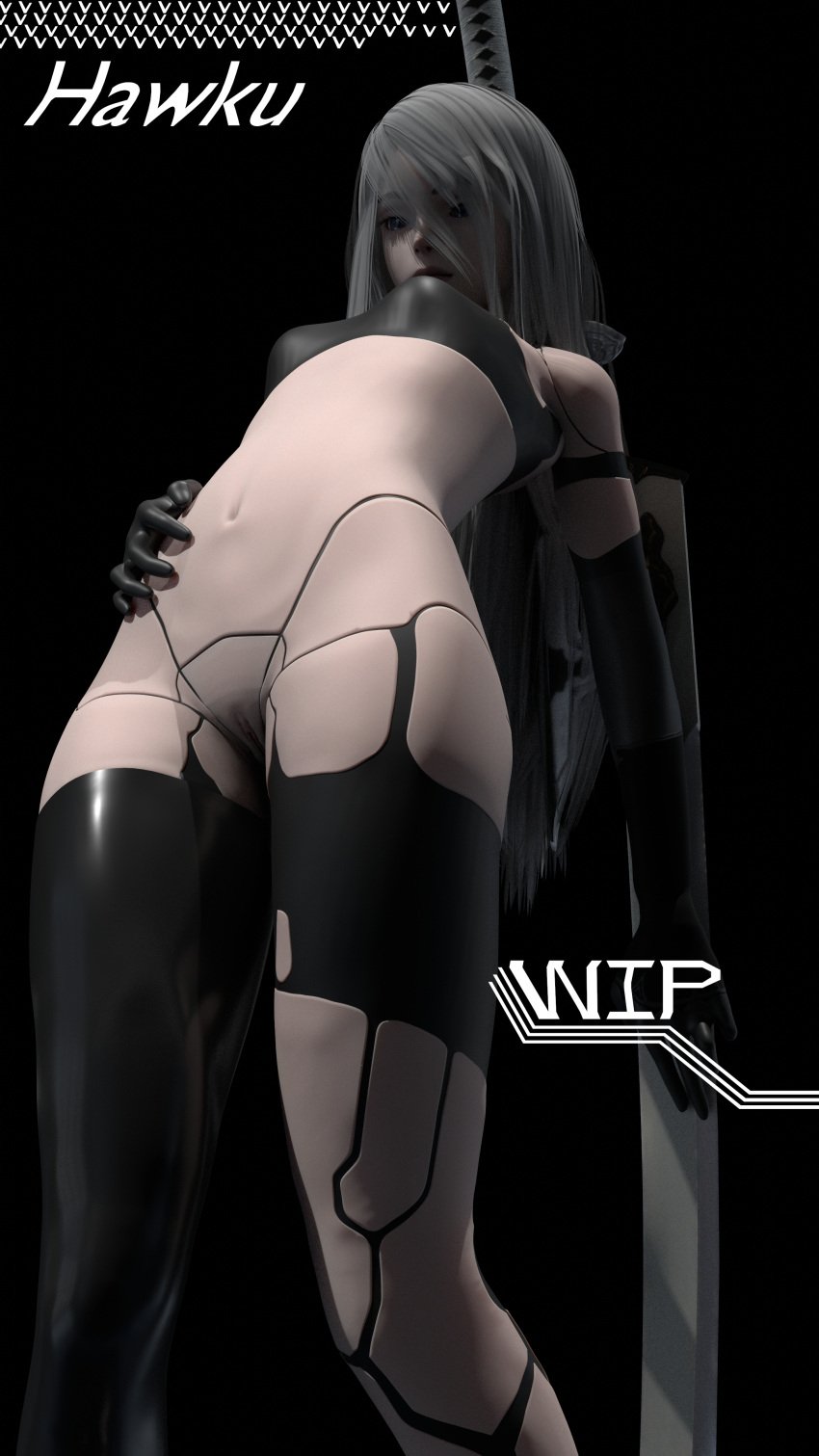 1girls android blue_eyes female latex latex_gloves nier:_automata nude nude_female robot robot_girl solo solo_female sword thigh_boots thigh_highs thighhighs vagina white_hair yorha_a2