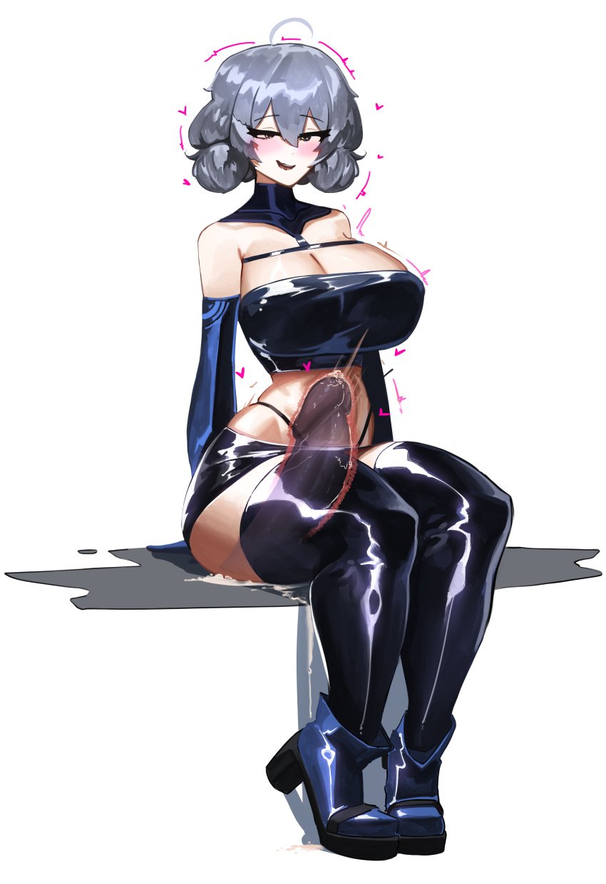 1girl arm_sleeves big_ass blush blushing cum cum_in_pussy cum_inside dildo dildo_sitting franzilla high_heels huge_ass huge_breasts huge_dildo moo_(franzilla) oc orgasm original_character pussy_juice short_skirt silver_eyes silver_hair sitting sitting_on_dildo sitting_on_penis skirt slightly_chubby solo solo_female solo_focus thighhighs thong_straps v_string_bikini voluptuous voluptuous_female white_background x-ray xray_view