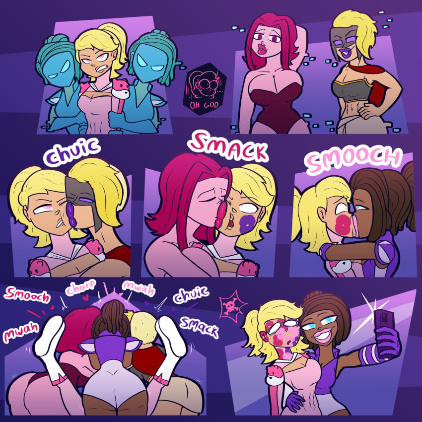 2d 2d_(artwork) 6girls arin_rodgers_(grape1828) arms_around_partner ass big_ass big_butt big_lips blonde_hair blue_eyes breasts brow brown_hair captured curvy curvy_figure dark-skinned_female dark_pink_hair desiree_hoover_(clownprincessphoebe) dreads flat_colors grabbing_arm group_kissing hand_behind_head hand_on_hip heart holding_object hot_pink_lips hot_pink_lipstick hourglass_figure iron_mask kiss_mark kissing kissing_cheek lesbian_kiss lesbians lindsey_higgins_(museinfamous) lips lipstick lipstick_mark long_hair madame_amore_(pshelly) mk210 multiple_girls mwah nervous phone pink_clothing pink_eyes pink_lips pink_lipstick ponytail purple_lips purple_lipstick selfie short_hair smooch superhero_costume superheroine surrounded surrounded_by_women yuri