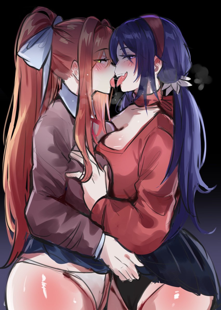 2girls ass blue_eyes blue_hair blushing breasts cleavage clothed clothing doki_doki_literature_club ear female female_focus female_only grabbing_breasts green_eyes kissing kurenaiz1 lesbian_sex long_hair looking_at_viewer miside mita_(miside) monika_(doki_doki_literature_club) ponytail skirt_lift tagme tongue_out yuri