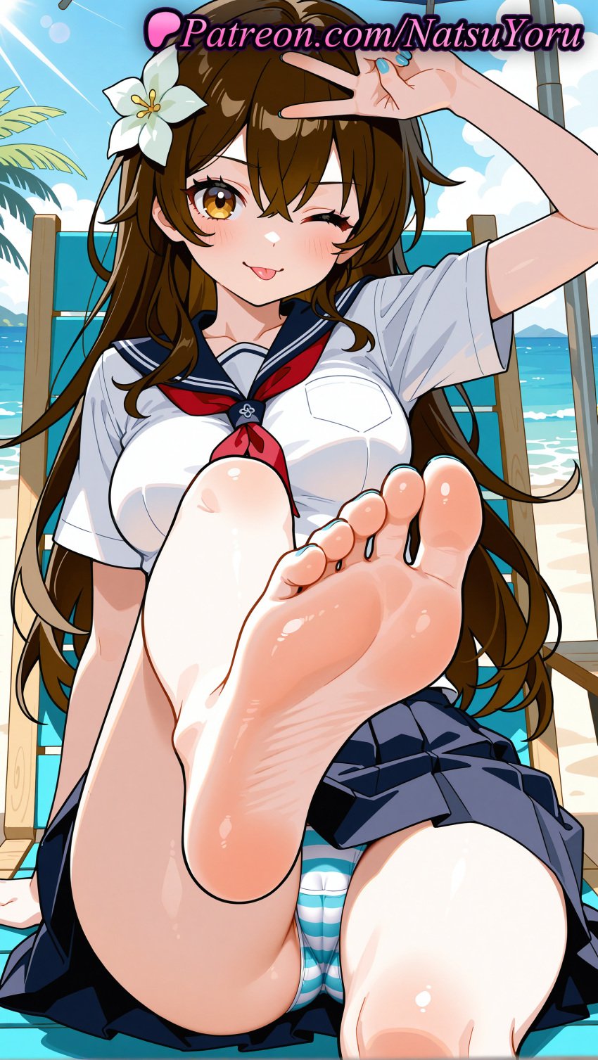 1girls :p ;p ai_generated anime anime_style arm_up asian bangs bare_legs barefoot beach blouse blue_nails blue_panties blue_sailor_collar blue_skirt blue_sky blush breasts brown_eyes brown_hair bust busty cameltoe crossed_bangs day feet female female_focus female_only fetish flower foot_fetish foot_focus foot_out_of_frame foot_up foreshortening hair_between_eyes hair_flower hair_ornament hentai large_breasts leg_up legs lipstick long_hair looking_at_viewer makeup medium_breasts nail_polish natsuyoru neckerchief ocean one_eye_closed original original_character outdoors panties pantsu pleated_skirt pov_feet presenting_foot red_neckerchief sailor_collar sailor_uniform school_uniform serafuku shirt short_sleeves sitting skirt sky smile soles solo solo_female striped striped_clothes striped_panties thighs toenail_polish toenails toes tongue tongue_out underwear v voluptuous voluptuous_female water white_flower white_shirt