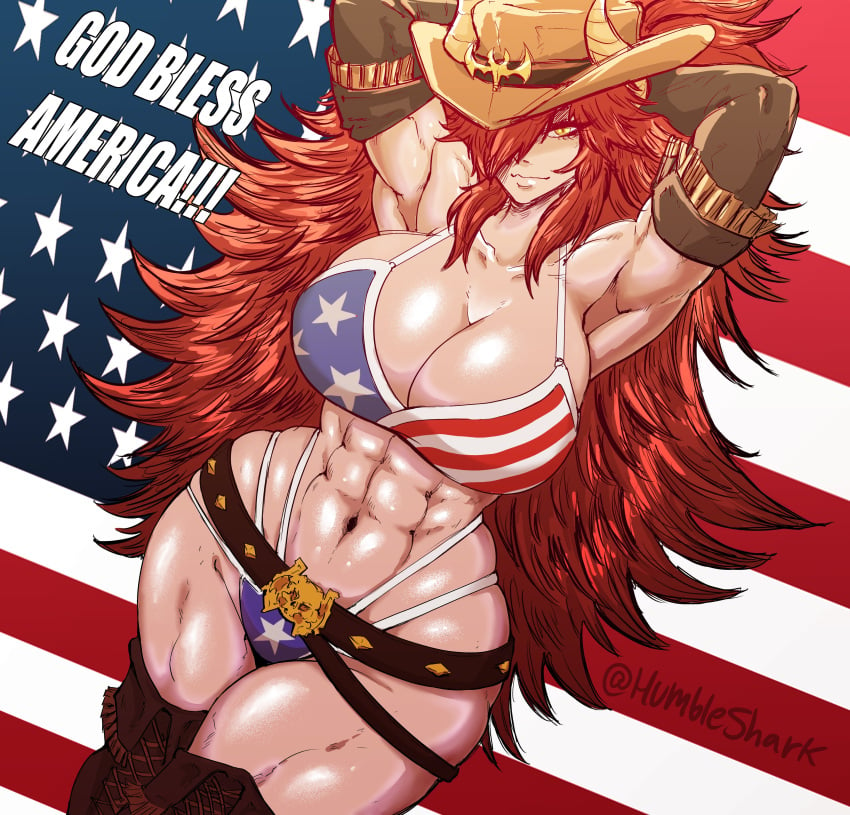 1girls 2025 2d 2d_(artwork) american_flag_bikini american_flag_print big_breasts breasts clothing cowboy_hat cowgirl english english_text female female_focus female_only fit_female hair hair_over_one_eye humble_shark light-skinned_female light_skin long_hair muscular muscular_male red_hair revealing_clothes solo solo_female text toned toned_body toned_female virtual_youtuber vshojo zentreya