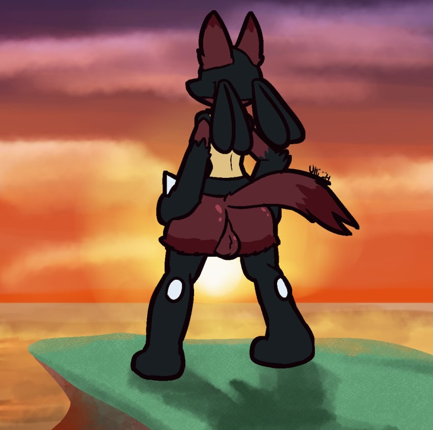 2024 2025 anthro ass backsack balls black_body black_fur canid canine detailed_background dipstick_tail fur generation_4_pokemon genitals hand_spike hands_on_hips lucario male mammal markings nintendo nude outside perineum pokemon pokemon_(species) rear_view red_balls red_body red_fur red_perineum solo spikes spikes_(anatomy) sunset tail tail_markings ultilix yellow_body yellow_fur