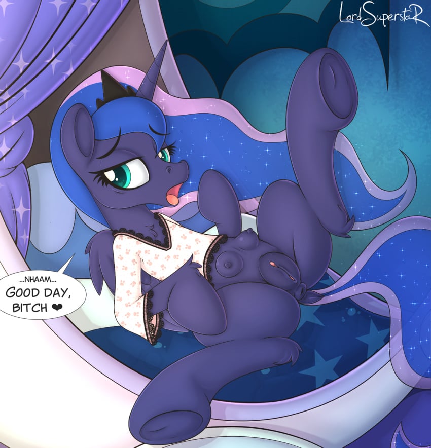 2017 alicorn anus canterlot crotchboobs dialogue english_text equine female friendship_is_magic hair horn inside lord_superstar lying mammal my_little_pony princess_luna_(mlp) pussy solo spread_legs spreading text wings