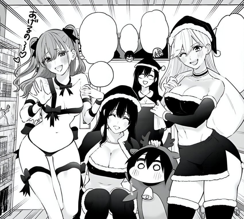 2.5_jigen_no_ririsa abe_marina bare_belly bare_shoulders belly_button big_breasts black_and_white blush breasts chibi choker christmas_hat christmas_outfit cleavage closed_eyes collarbone deer_costume elbow_gloves glasses gloves gyaru hanyuu_mayuri hashimoto_yuu huge_breasts indoors kisaki_aria long_hair long_legs manga miniskirt naked_ribbon nonoa_(2.5_jigen_no_ririsa) official_art one_eye_closed open_mouth small_breasts smile standing tachibana_mikari thighhighs thighs toned_female twintails wink zettai_ryouiki