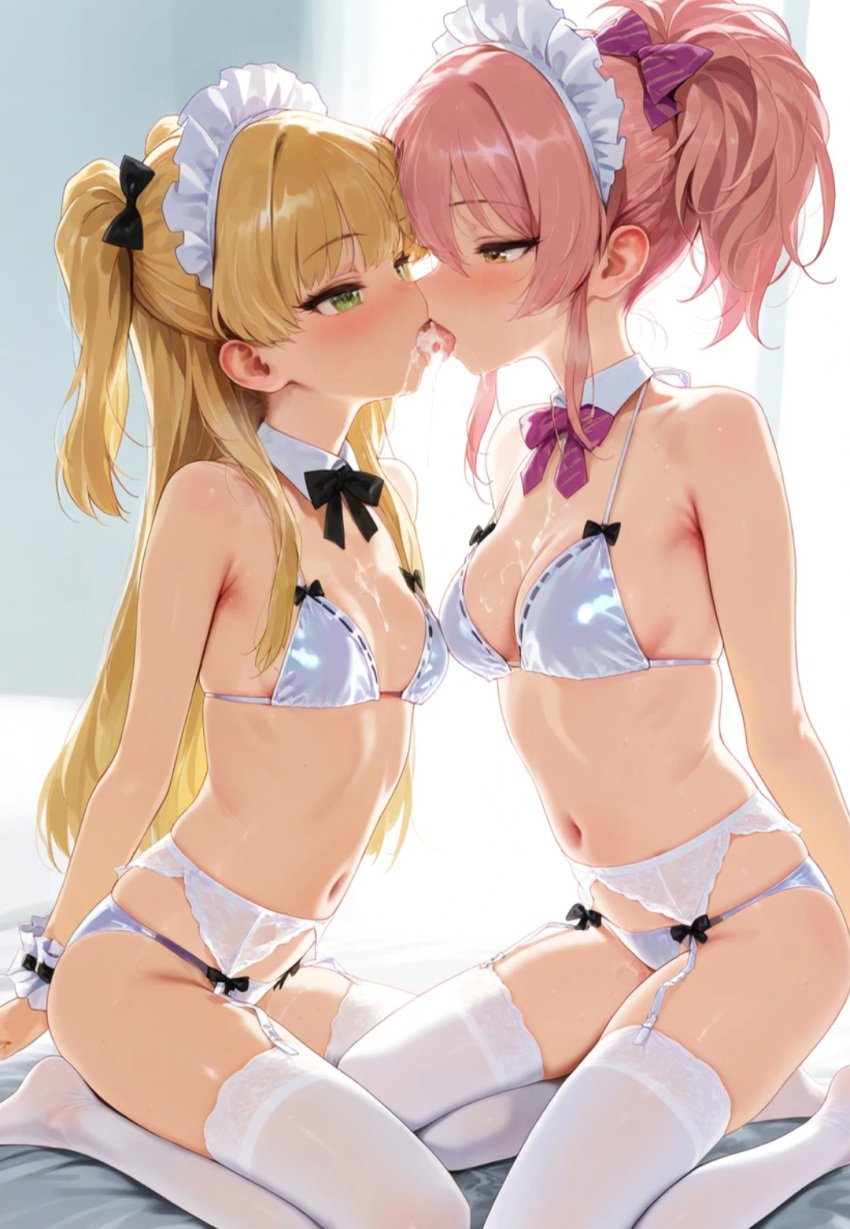 ai_generated blonde_hair blush cum_kiss cum_on_breasts green_eyes idolmaster idolmaster_cinderella_girls incest jougasaki_mika jougasaki_rika kissing lingerie on_knees pink_hair pussy_juice sisters sweat thighhighs yuri