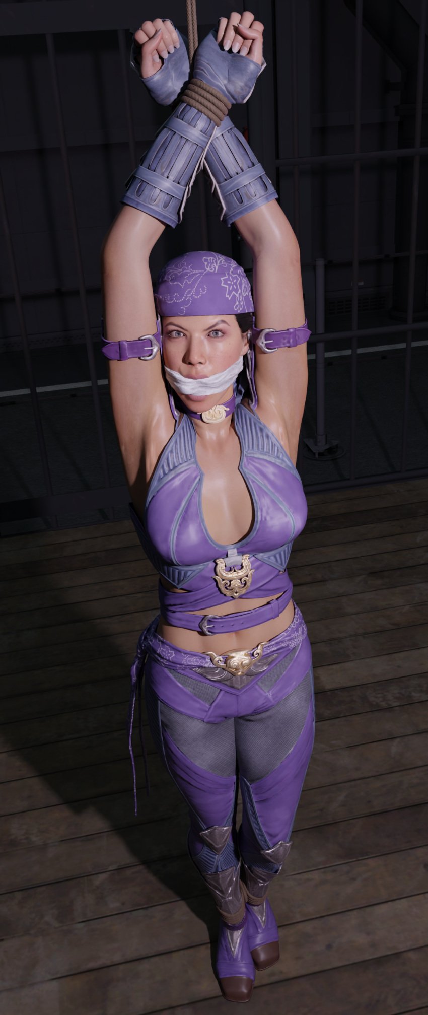 1girls angry_face armpits arms_above_head asian bandana blender bondage cleave_gag clothed female female_focus female_only gag gagged li_mei looking_at_viewer mortal_kombat mortal_kombat_1_(2023) purple_outfit rope rope_bondage theblendertaper