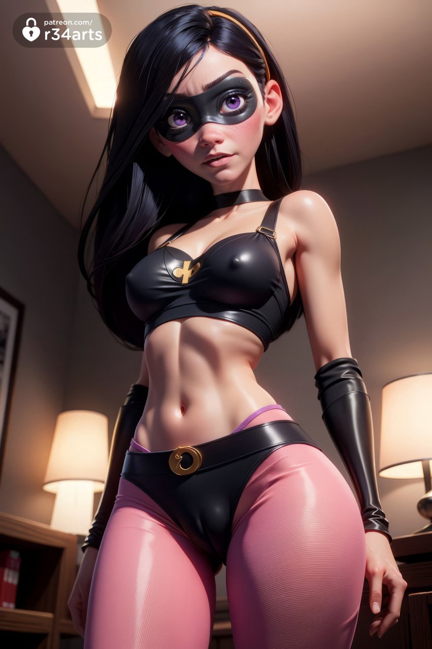 1girls ai_generated artist_name bare_shoulders black_choker black_hair breasts cameltoe choker covered_nipples cowboy_shot crop_top detached_sleeves disney hairband hi_res highleg highleg_panties indoors lamp lips long_hair looking_at_viewer mask medium_breasts midriff navel panties pants pantyhose pixar purple_eyes r34arts solo standing stomach superhero superheroine the_incredibles the_incredibles_2 underwear violet_parr younger_female