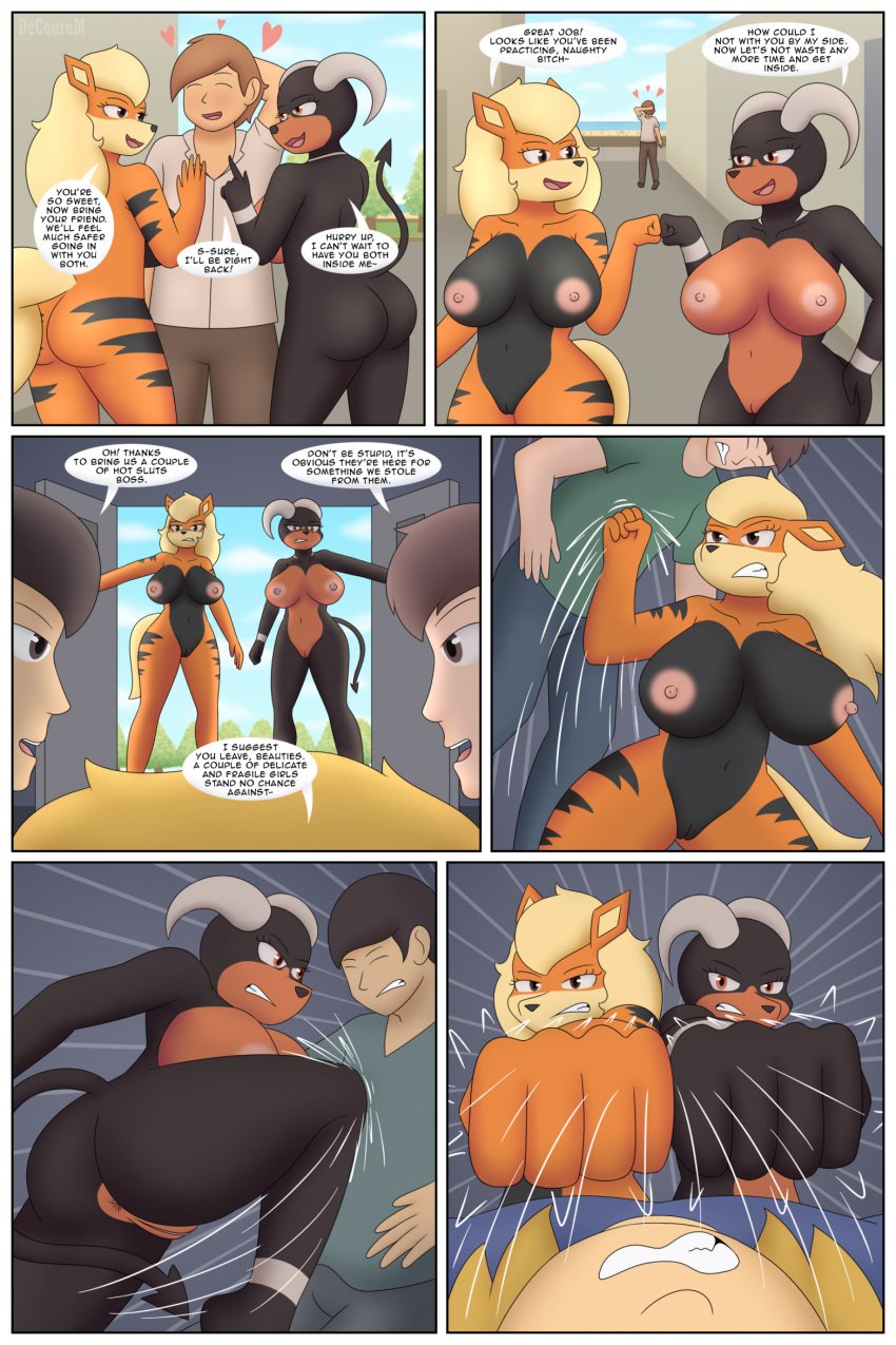 angry anthro arcanine ass big_breasts big_butt black_body black_fur border breasts charmed colored comic decourem dialogue english_text female fight fist_bump fur generation_1_pokemon generation_2_pokemon genitals gesture group happy hi_res houndoom human kick male male/female mammal nintendo nipples nude orange_body orange_fur pokemon pokemon_(species) profanity punch pussy seductive speech_bubble text thick_thighs white_border yellow_body yellow_fur