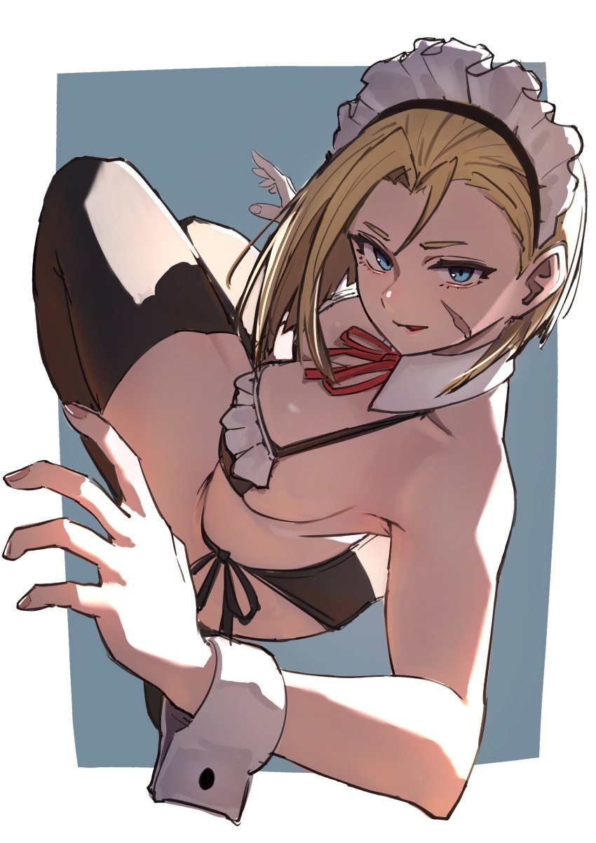 1girls ap_cammy black_legwear black_underwear blonde_hair blue_eyes cammy_white cammy_white_(street_fighter_6) facial_scar female legwear maid maid_headdress scar short_hair solo solo_female stockings street_fighter street_fighter_6 thighhighs underwear