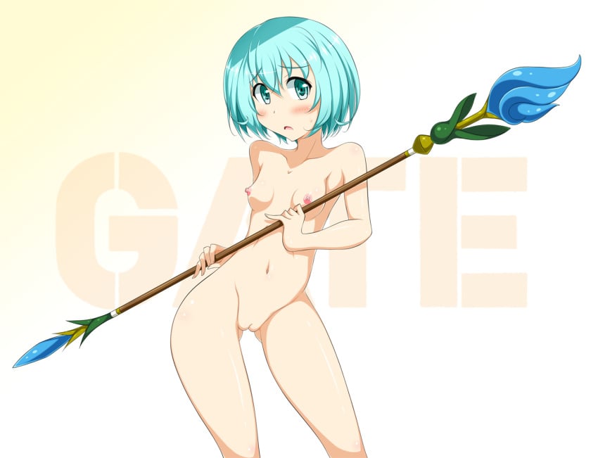 1girls aqua_eyes aqua_hair blush breasts copyright_name embarrassed female female_only gate_-_jieitai_ka_no_chi_nite_kaku_tatakaeri gradient gradient_background holding holding_staff lelei_la_lelena looking_at_viewer mugen_panda navel nipples nude open_mouth pussy short_hair small_breasts solo staff standing sweatdrop uncensored white_background yellow_background