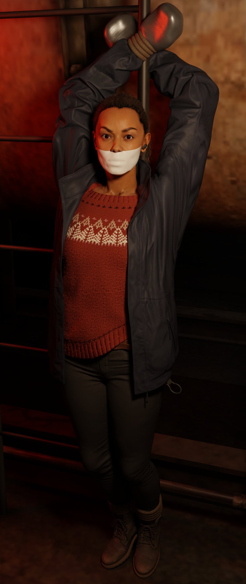 alan_wake_2 angry_face blender bondage christmas_sweater clothed dark-skinned_female fbi_agent female female_focus female_only looking_at_viewer microfoam_tape rope_bondage saga_anderson taped_hands taped_mouth theblendertaper tied_to_ladder