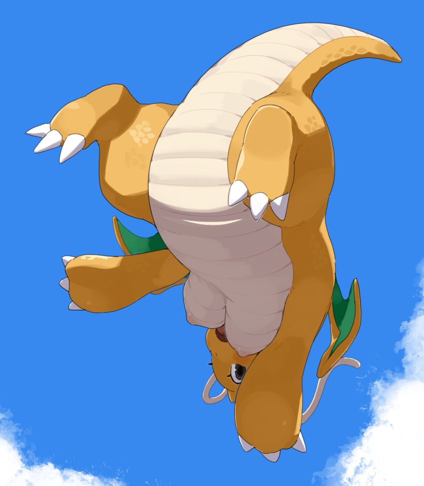 anthro areola blush breasts day dragonite feet female fingers flying generation_1_pokemon grey_eyes hi_res kame_3 looking_at_viewer nintendo nipples nude nude_anthro nude_female open_mouth orange_body orange_skin orange_tail outside pokemon pokemon_(species) sky solo tail toes wings