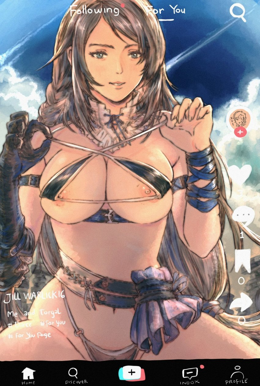 alternate_costume asymmetrical_clothes asymmetrical_gloves belt bikini blue_sky braid breasts breasts_squeezed_together clive_rosfield detached_collar female final_fantasy final_fantasy_xvi g-string grey_hair gusty10rk hair_ribbon highres jill_warrick large_breasts leather_belt long_hair looking_at_viewer micro_bikini nipples nude ribbon see-through_clothes single_braid sitting sky solo_focus swimsuit thong tiktok