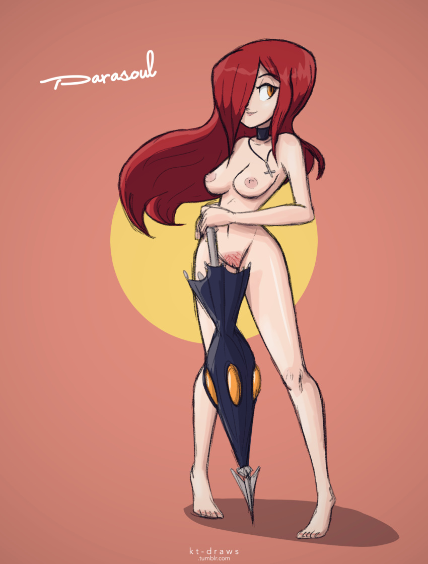 barefoot breasts character_name choker cross female hair_over_one_eye kt-draws long_hair looking_away navel nipples nude orange_eyes parasol parasoul pubic_hair pussy red_hair skullgirls solo