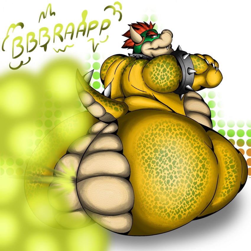 anthro ass belly big_butt bowser butt_focus fart fart_cloud farting_at_viewer gassy hi_res koopa looking_back male mario_bros nintendo nude overweight overweight_anthro overweight_male scalie smelly solo sunflower_fox thick_thighs